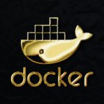 a golden docker logo on a black background